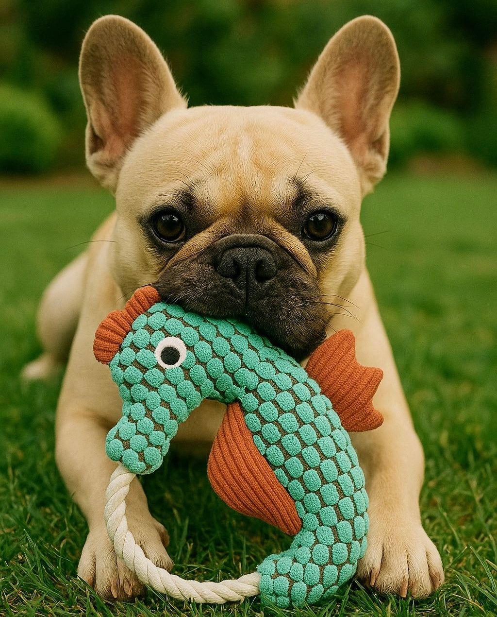 dog playing with a blue seahorse shaped rope toy from a pawlipop toy box
