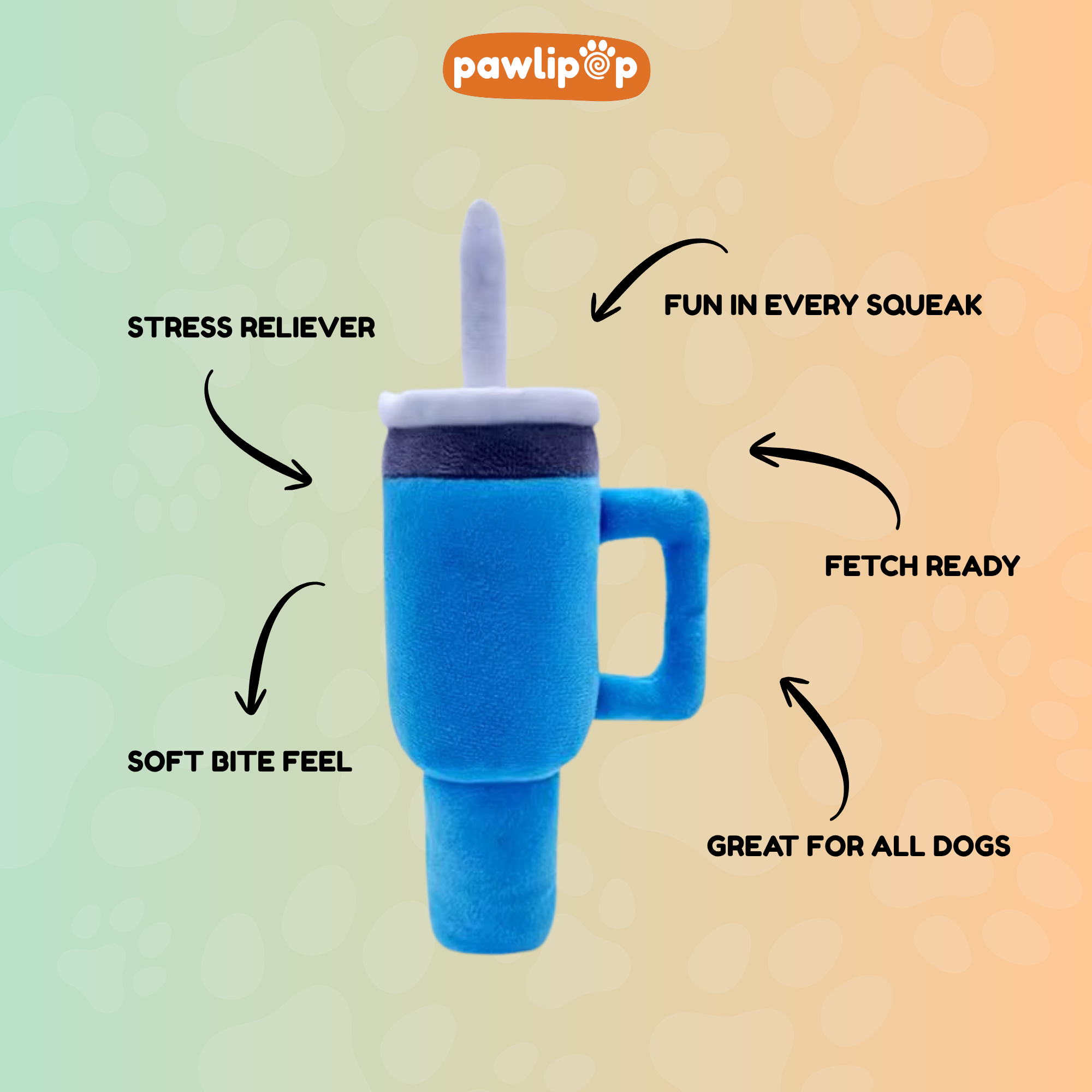 Blue tumbler dog toy features pawlipop dog 