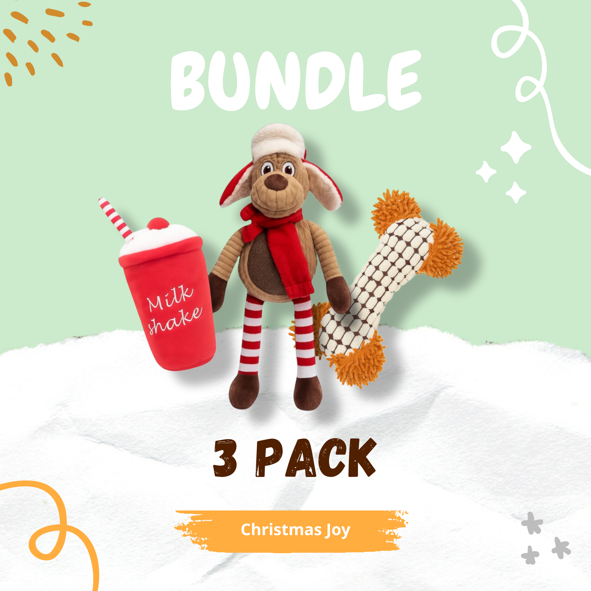 Pawlipop Christmas Joy Bundle,  plush toys including a moose, a milkshake toy, and a bone-shaped  dog toy 