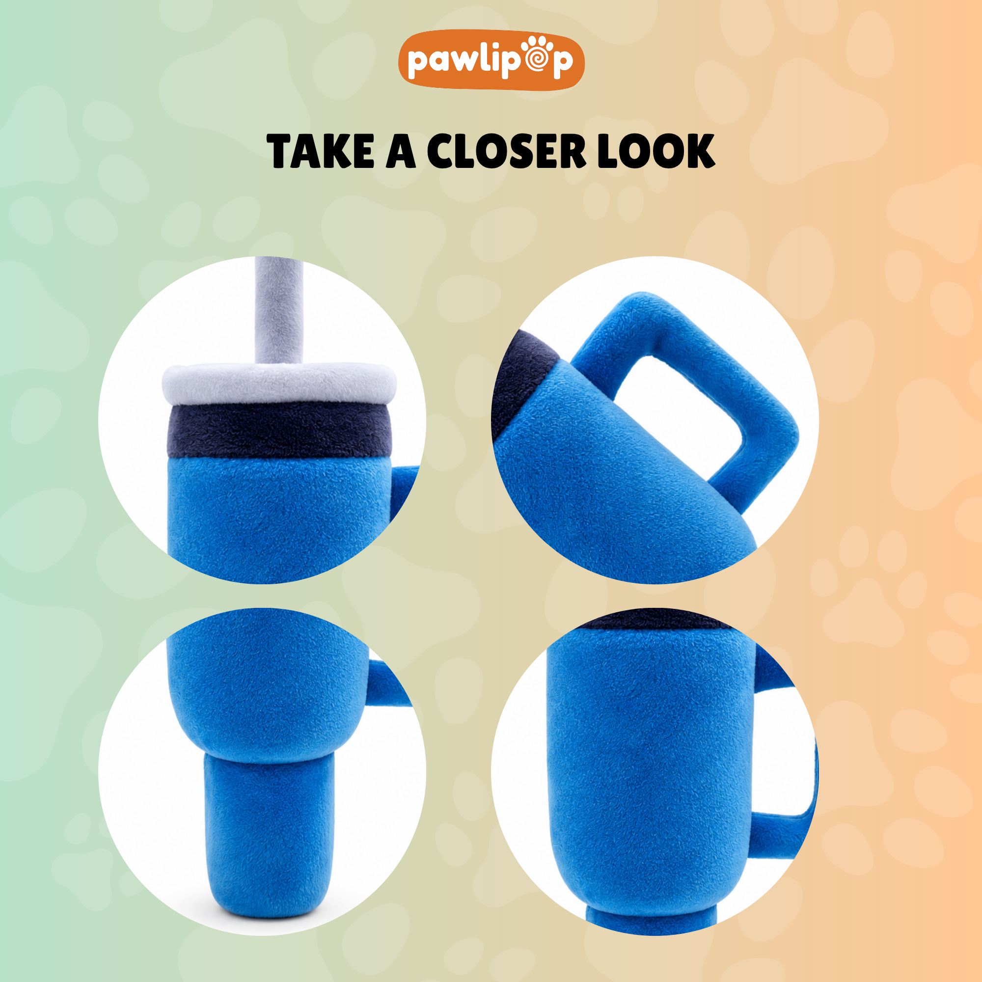 Close-up of blue tumbler dog toys with 'Pawlipop' dog toy