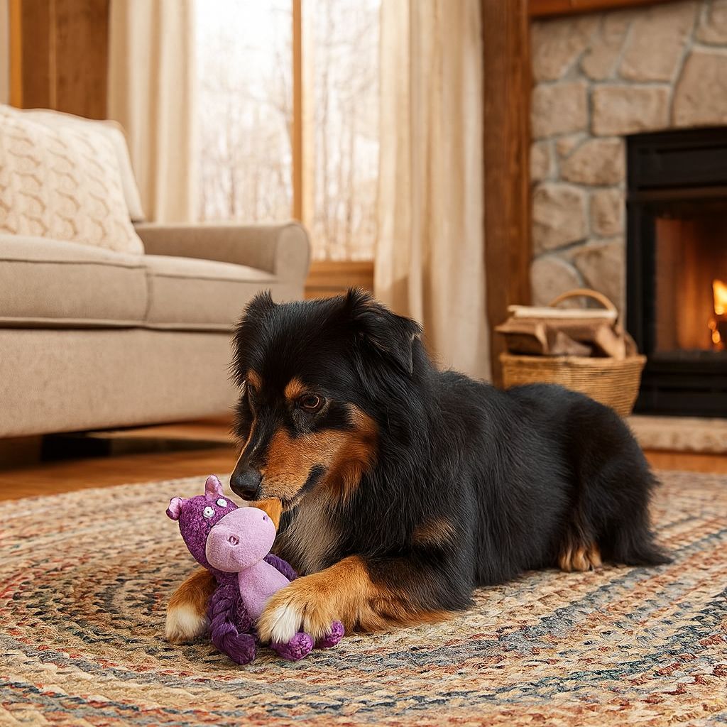 Dog playing, chewing a Interactive hippo-shaped Pawlipop dog toy with a rope, plushie, squeaker.