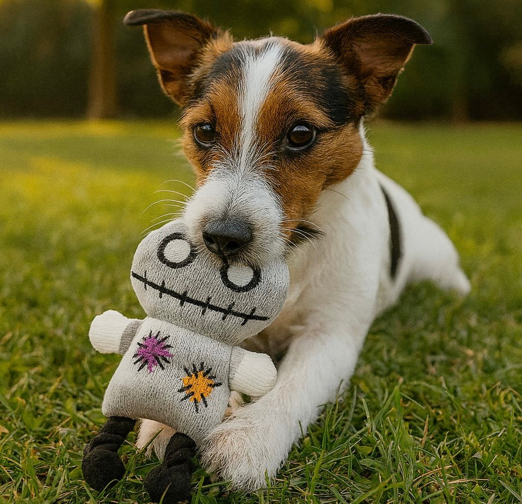 Dog playing, chewing a Interactive Pawlipop dog toy with rope, plushie,and squeaker.