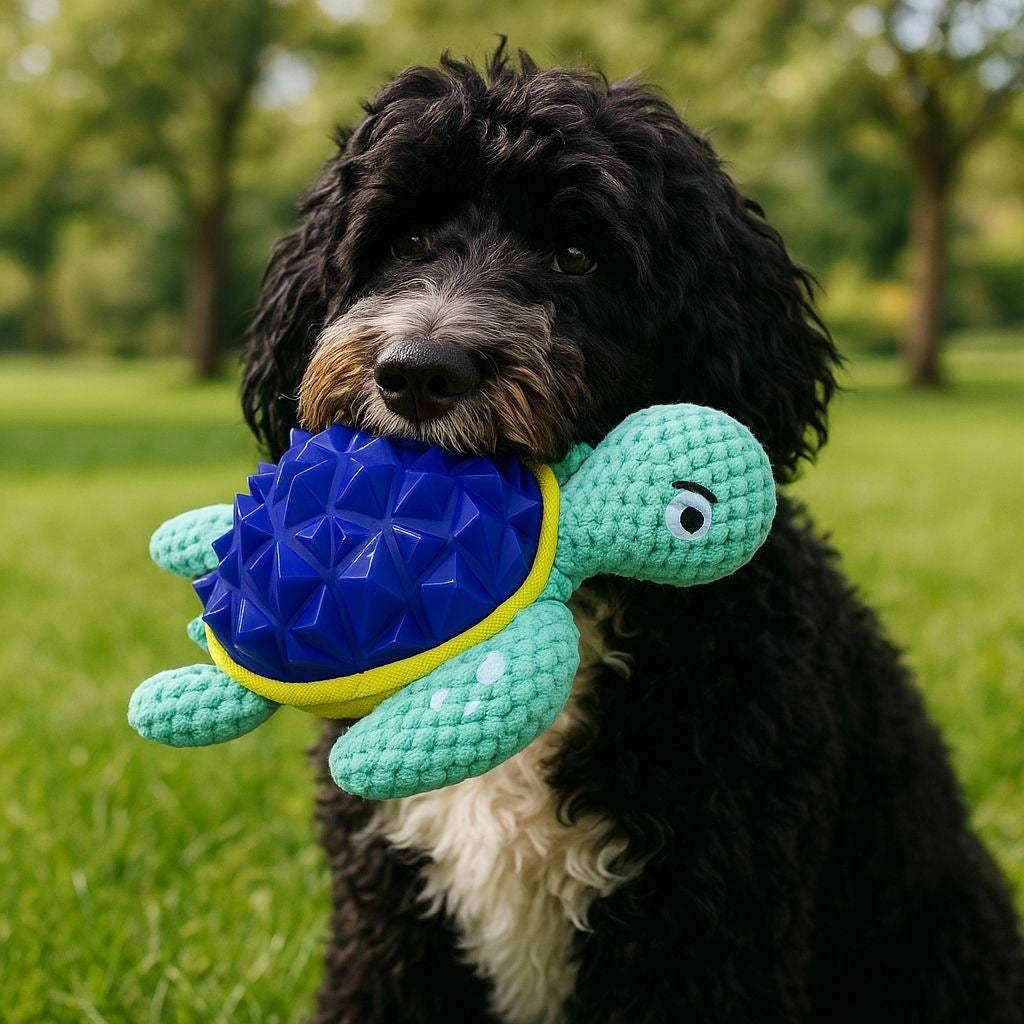 Dog holding a turtle-shaped interactive dog toy, plush and rubber 