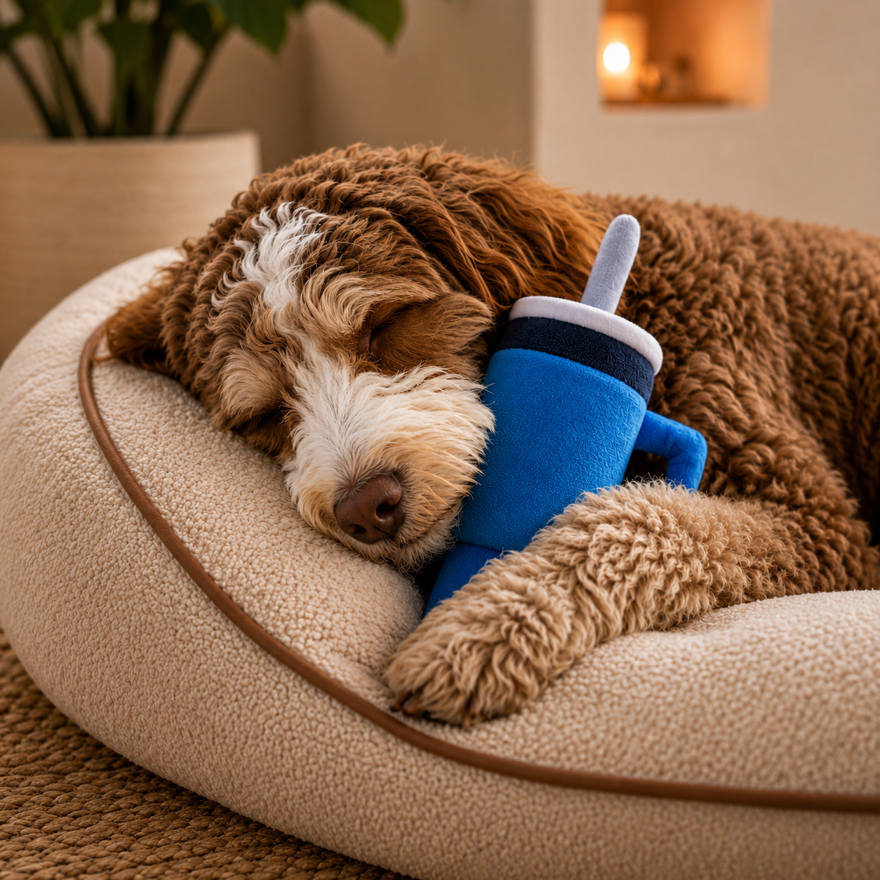 Dog lying on a fluffy bed with a blue toy resembling a popsicle.
