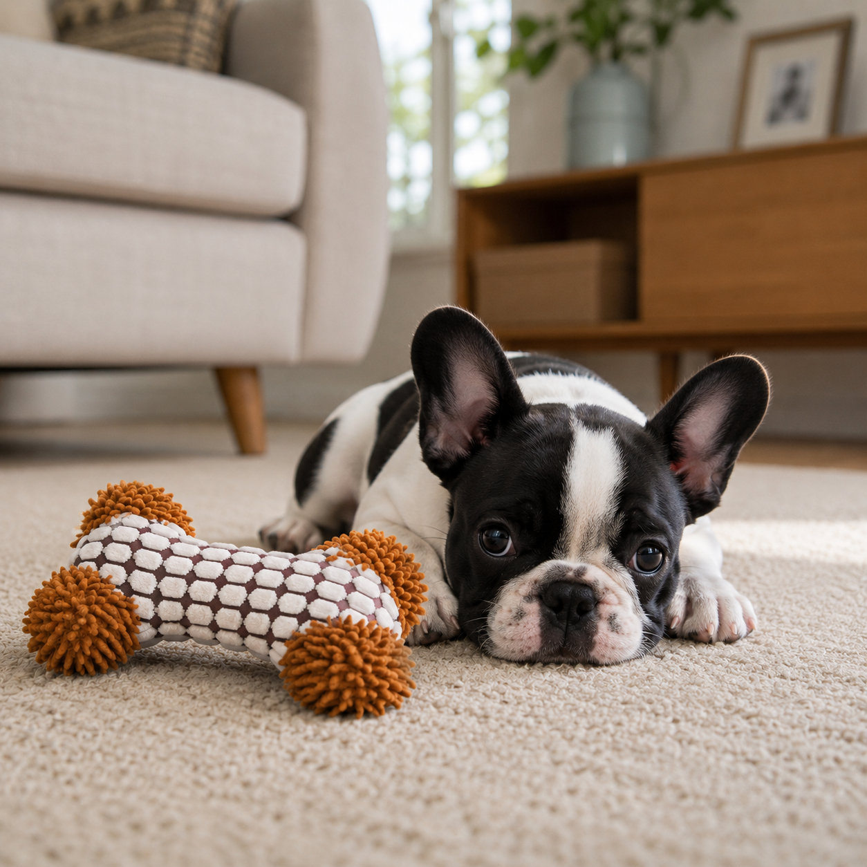 Dog lying on a carpet with a bone-shaped toy in a living room setting