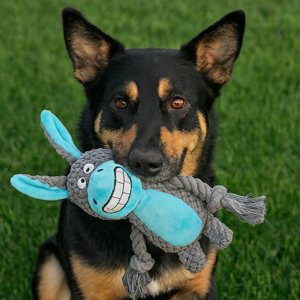 Dog playing, chewing a Interactive Pawlipop donkey/mule dog toy plush and rope 