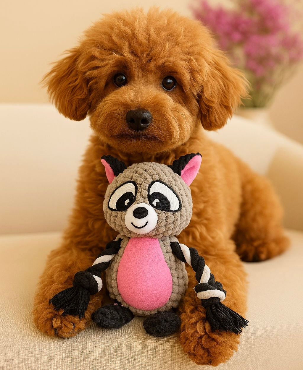 Dog playing, chewing a Interactive Pawlipop raccoon dog toy plush and rope 