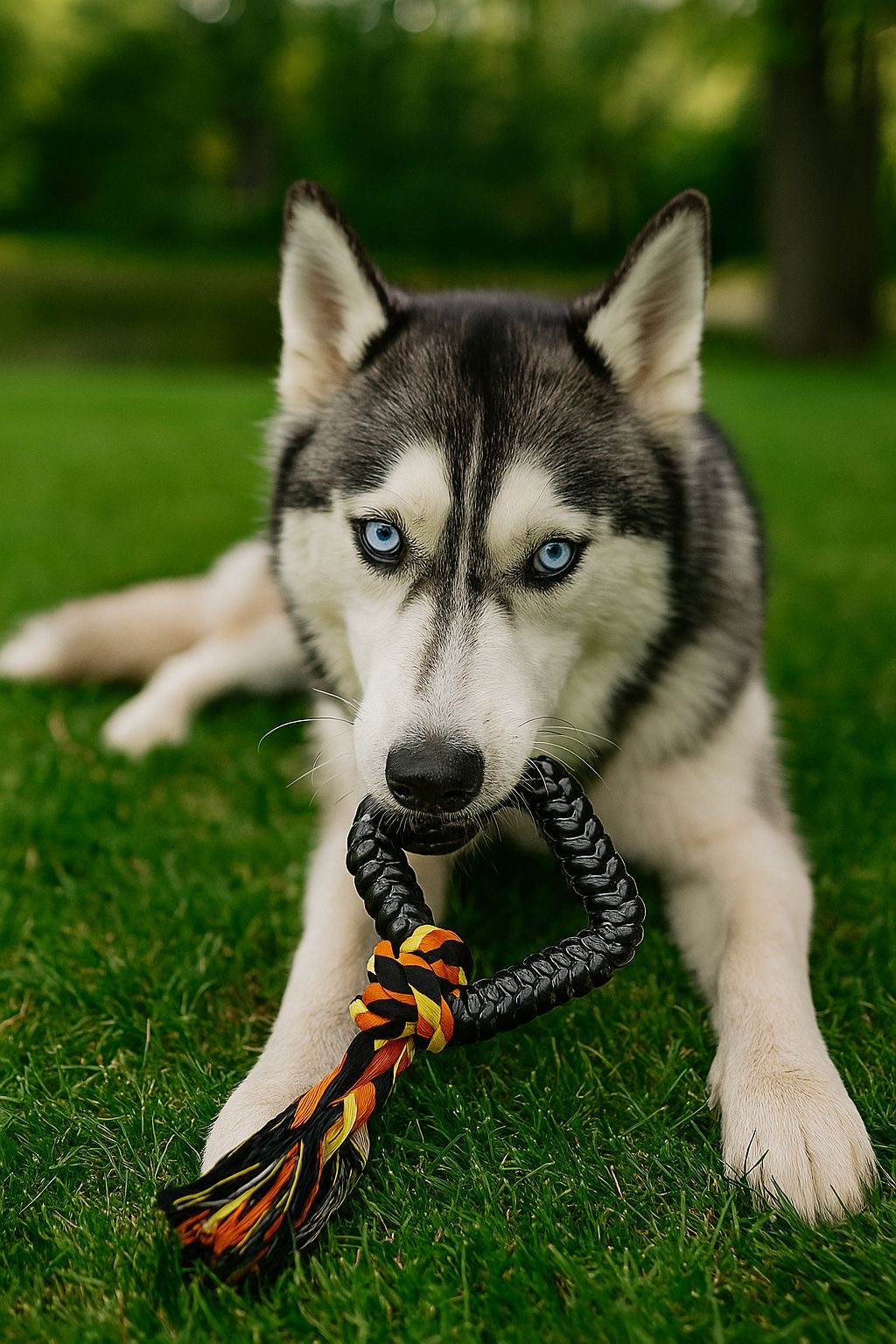 Dog playing with a Pawlipop dog toy interactive, rubber and rope