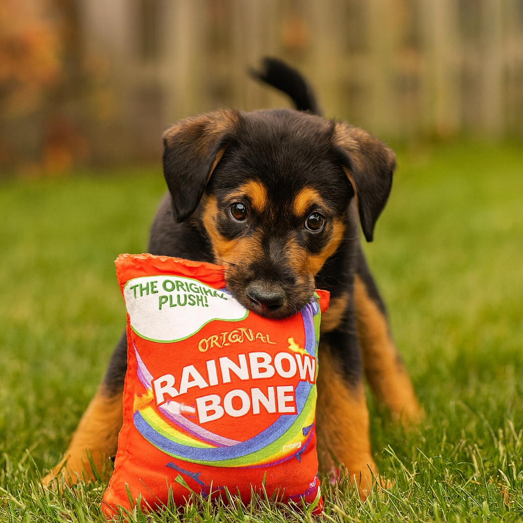 Dog playing, chewing a Pawlipop "rainbow bone" dog toy.