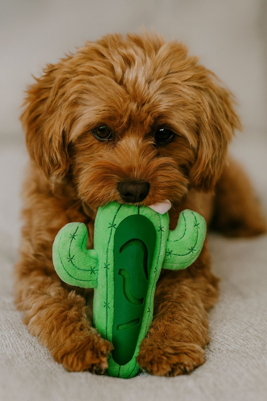 Dog playing/chewing a plush and treat-dispensing pawlipop dog toy Green cactus-shaped  