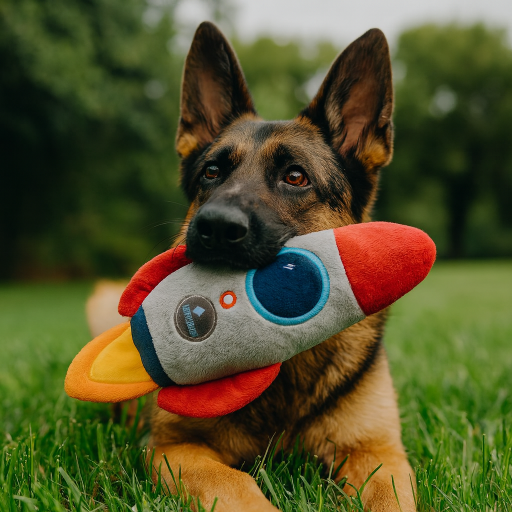 Dog playing, chewing Pawlipop rocket dog toy.