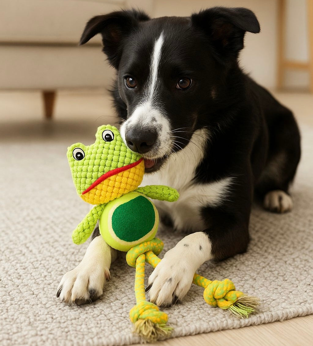 Dog playing, chewing with a pawlipop interactive green frog plush and rope toy 
