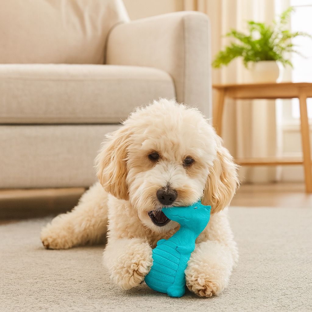Dog playing with a Pawlipop blue crocodile-shaped toy, plush, squeaker and chew.