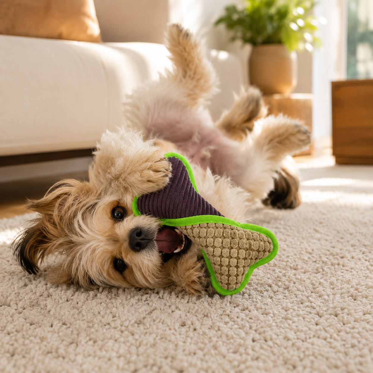 Dog playing with a toy on a carpeted floor in a living room.