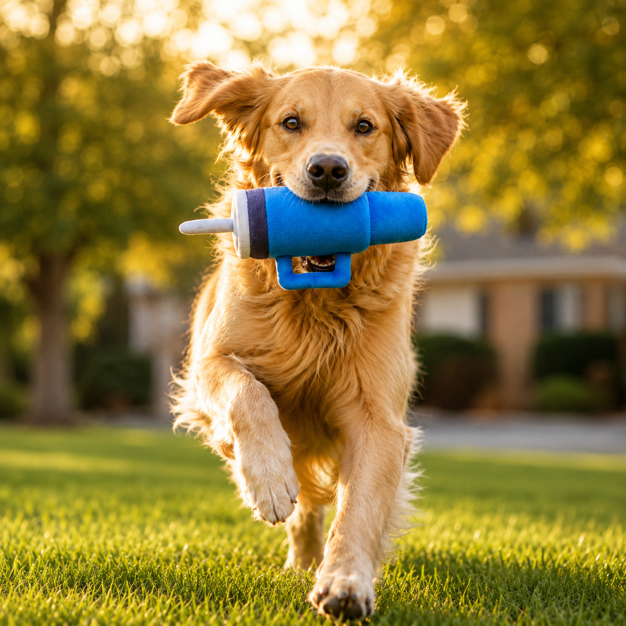 Dog running with a blue toy in its mouth on a grassy lawn
