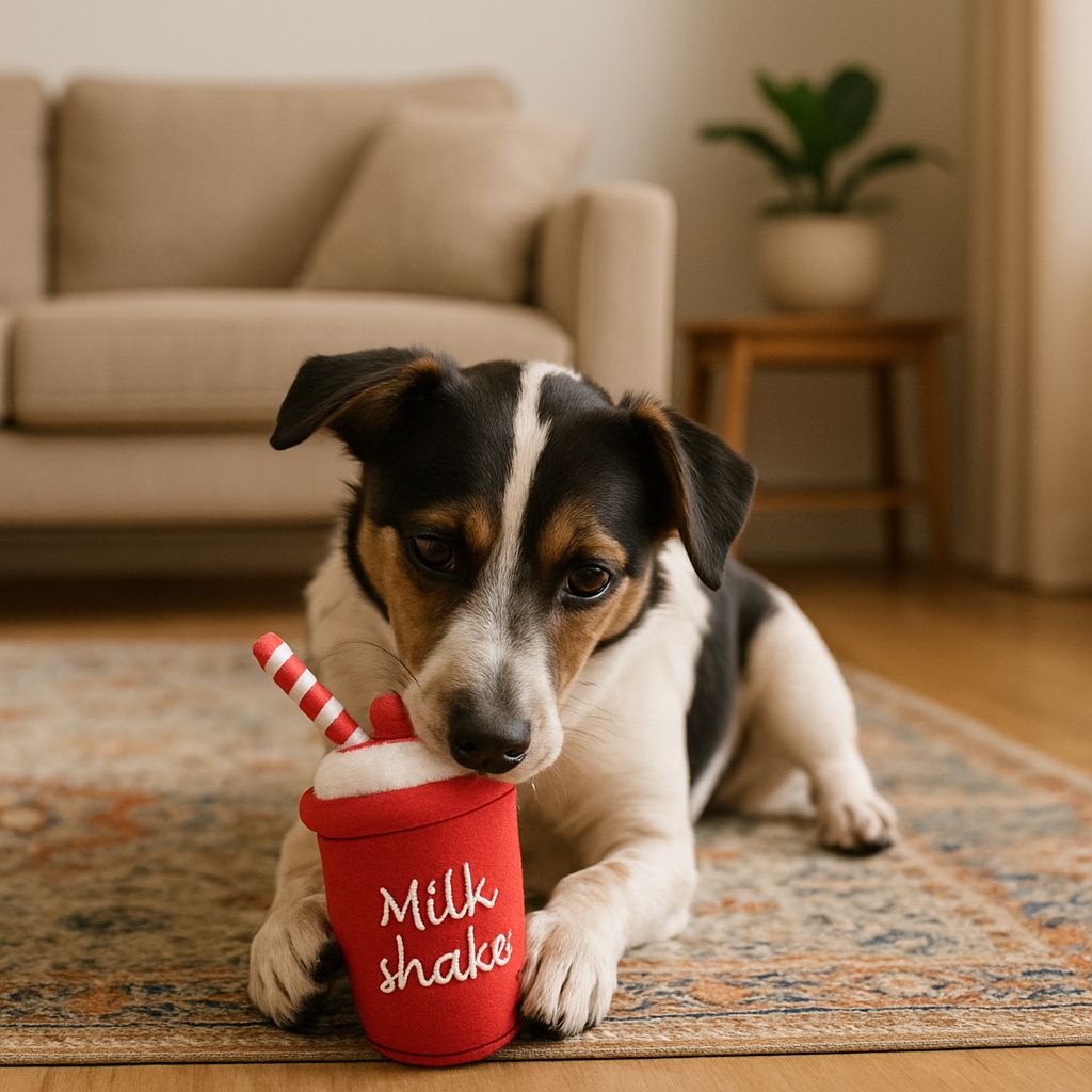 Dog playing with a red toy cup labeled 'Milkshake' on a rug in a living room.