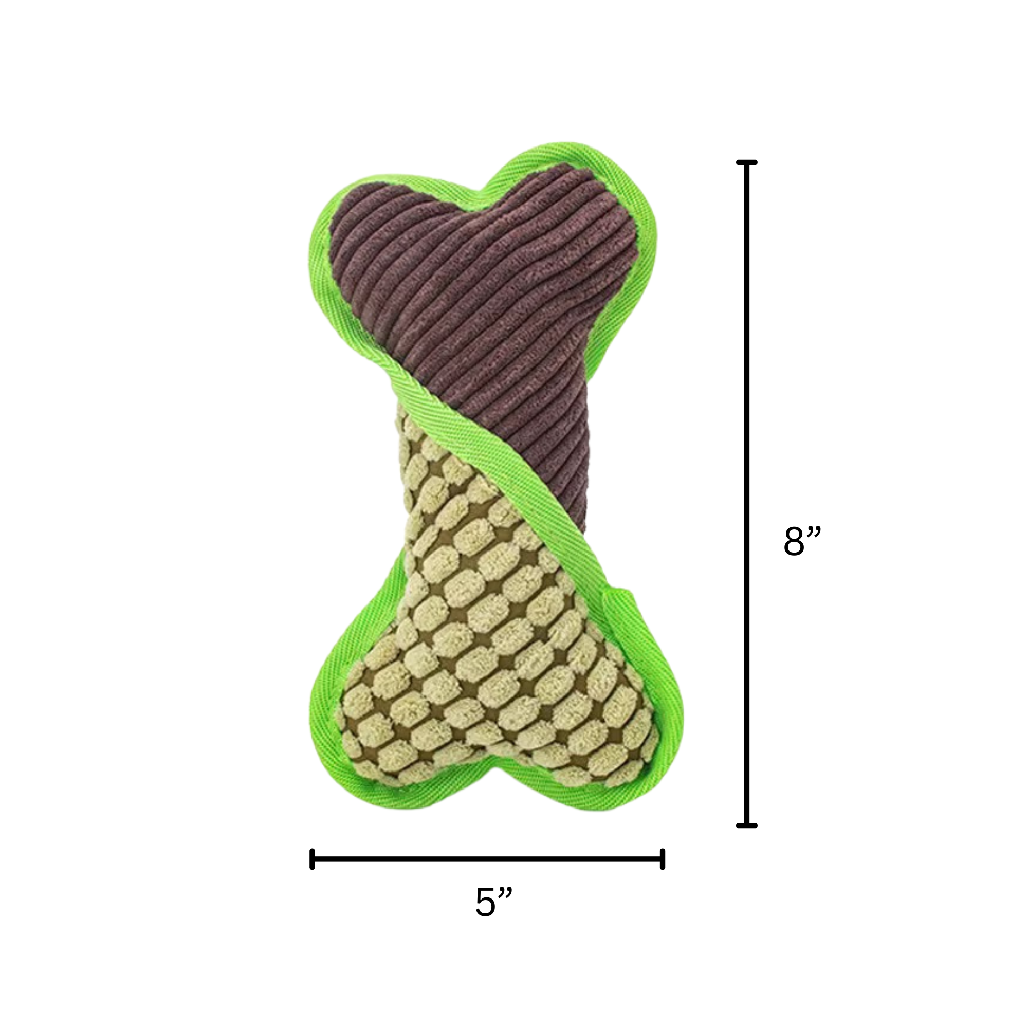 Dog toy shaped like a bone with brown and beige texture, green edges, and measurements on a white background.