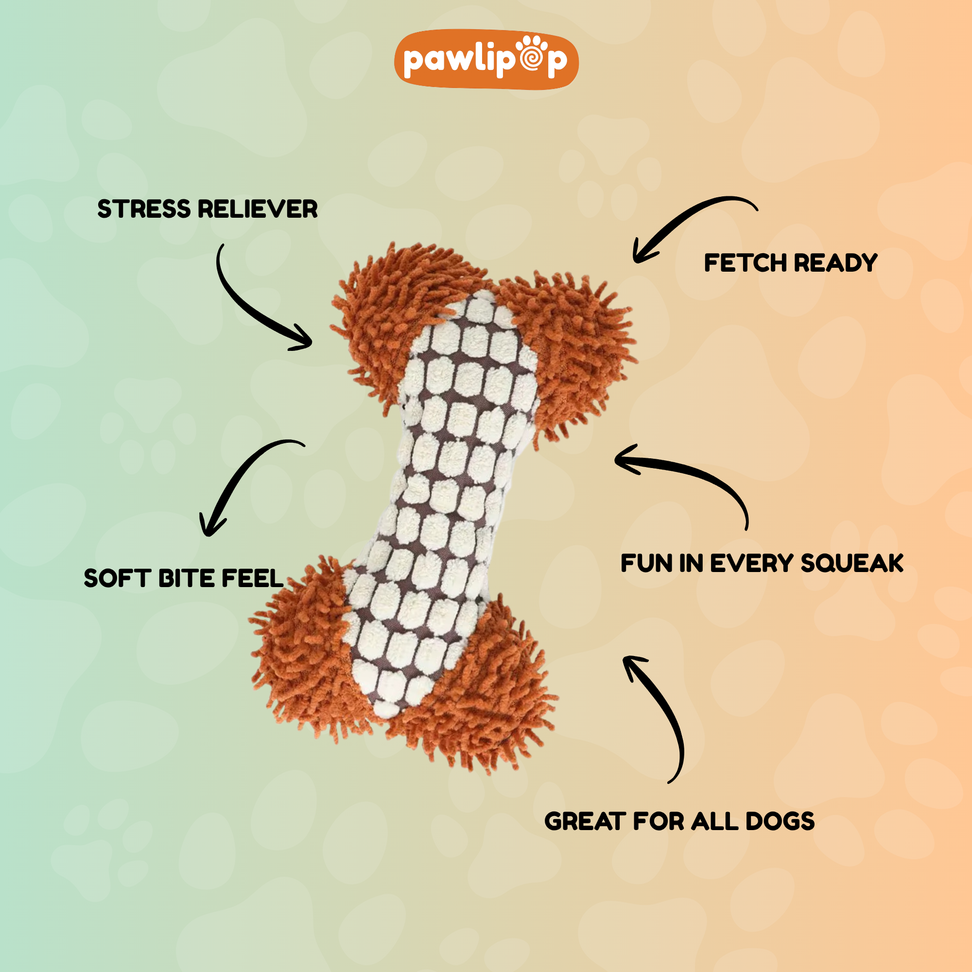 Dog toy with features labeled on a gradient background, featuring the brand 'pawlipop'.