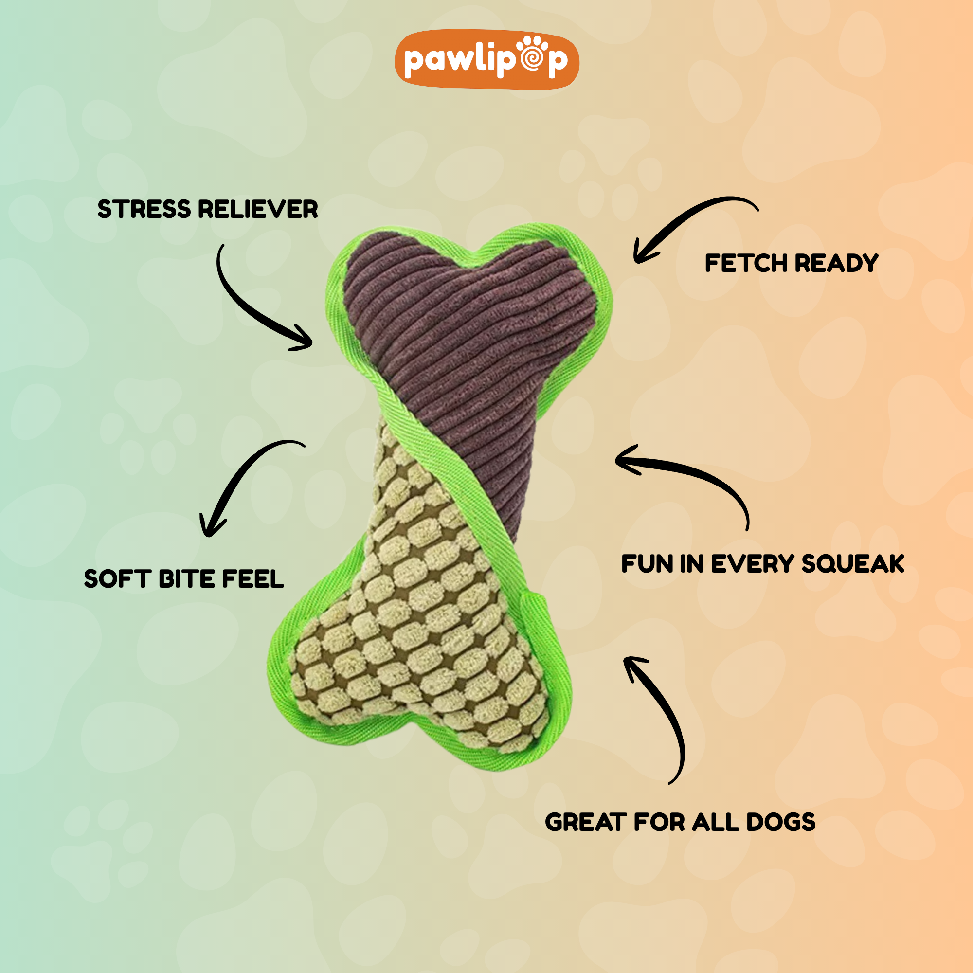 Dog toy with features listed on a gradient background, branded as pawlipop.