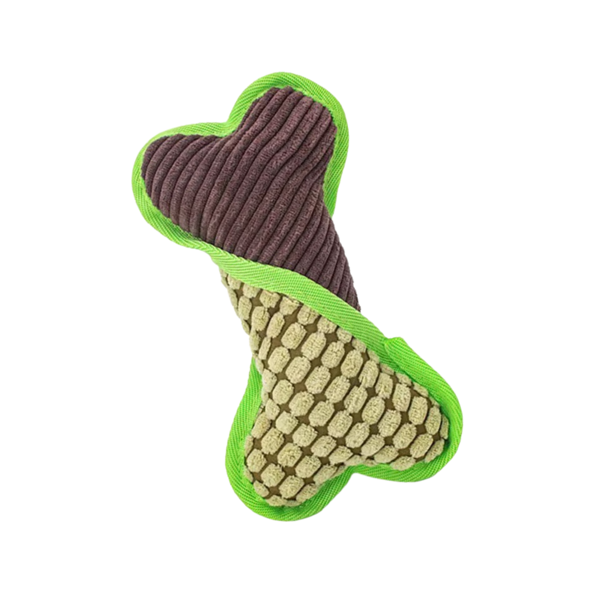 Dog toy with green, brown, and beige colors on a white background
