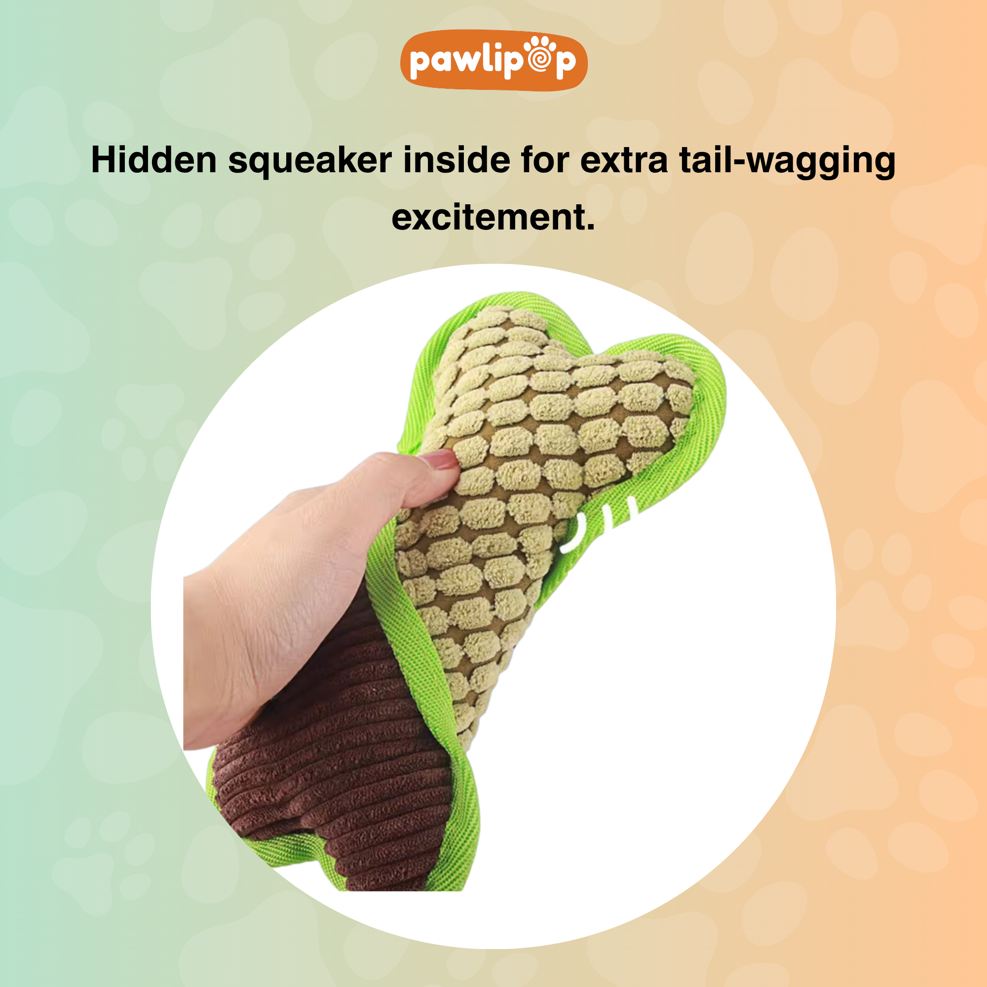 Dog toy with hidden squeaker, held by a hand, on a gradient background with 'Pawlipop' 
