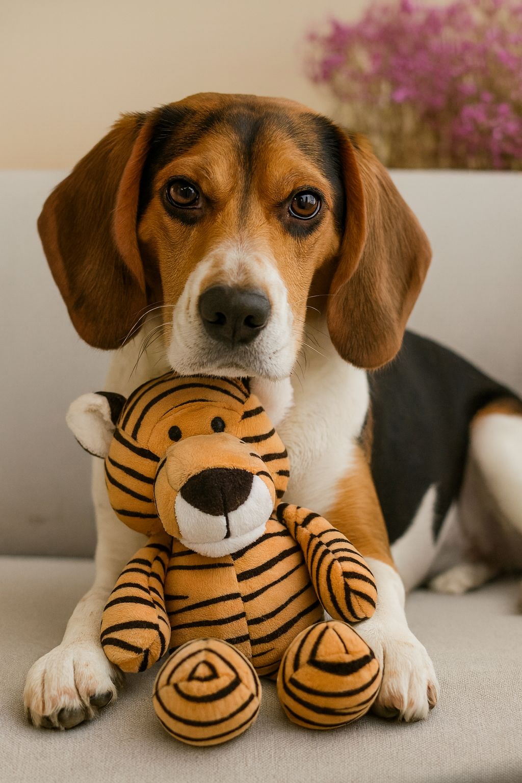 Dog holding, playing, chewing a Pawlipop tiger-shaped dog toy, plush, squeaker, and chew.