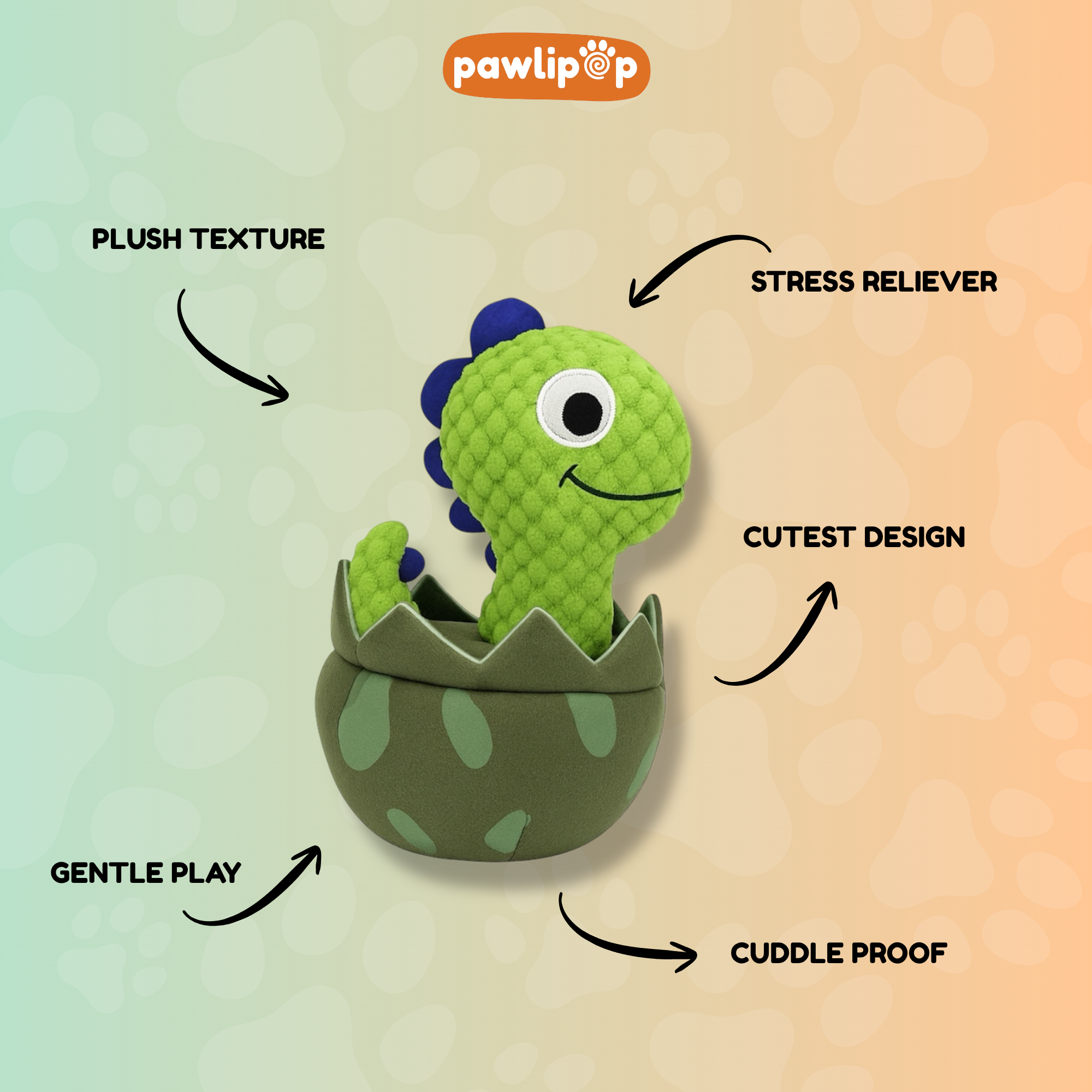 Eggassaurus plush dog toy features.