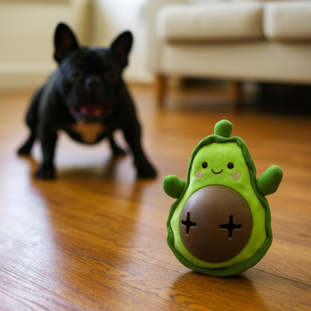 Dog playing/chewing plush and treat-dispensing avocado pawlipop dog toy