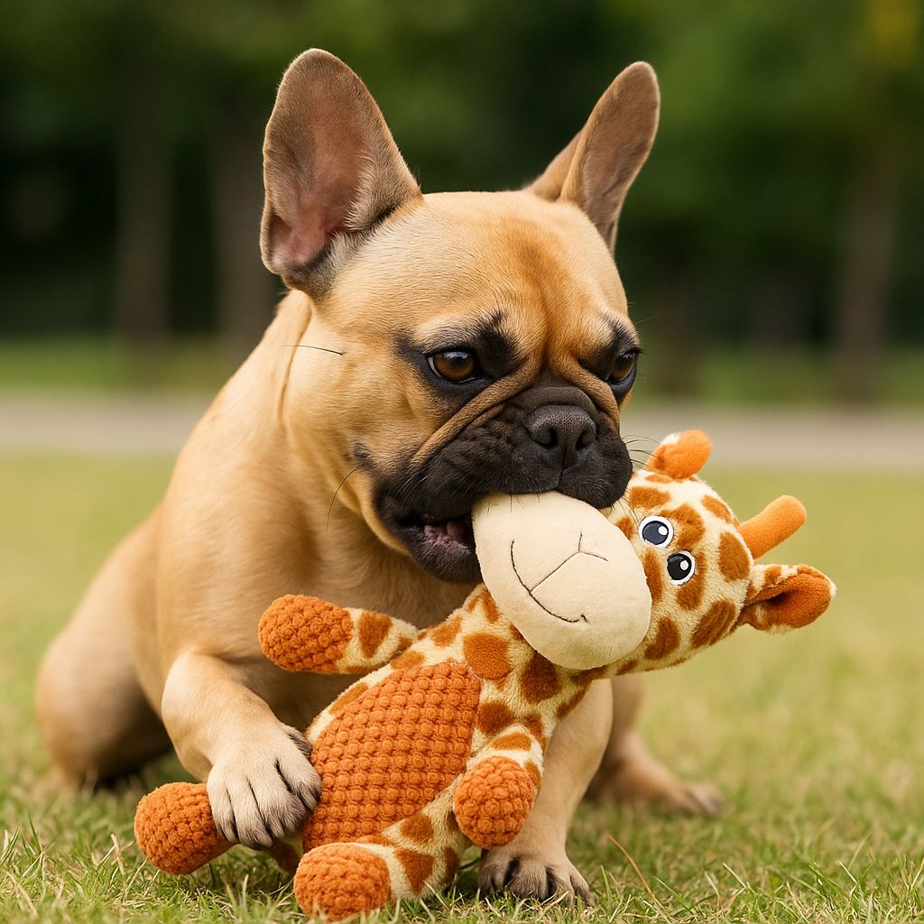 Dog playing, chewing a giraffe-shaped Pawlipop dog toy.