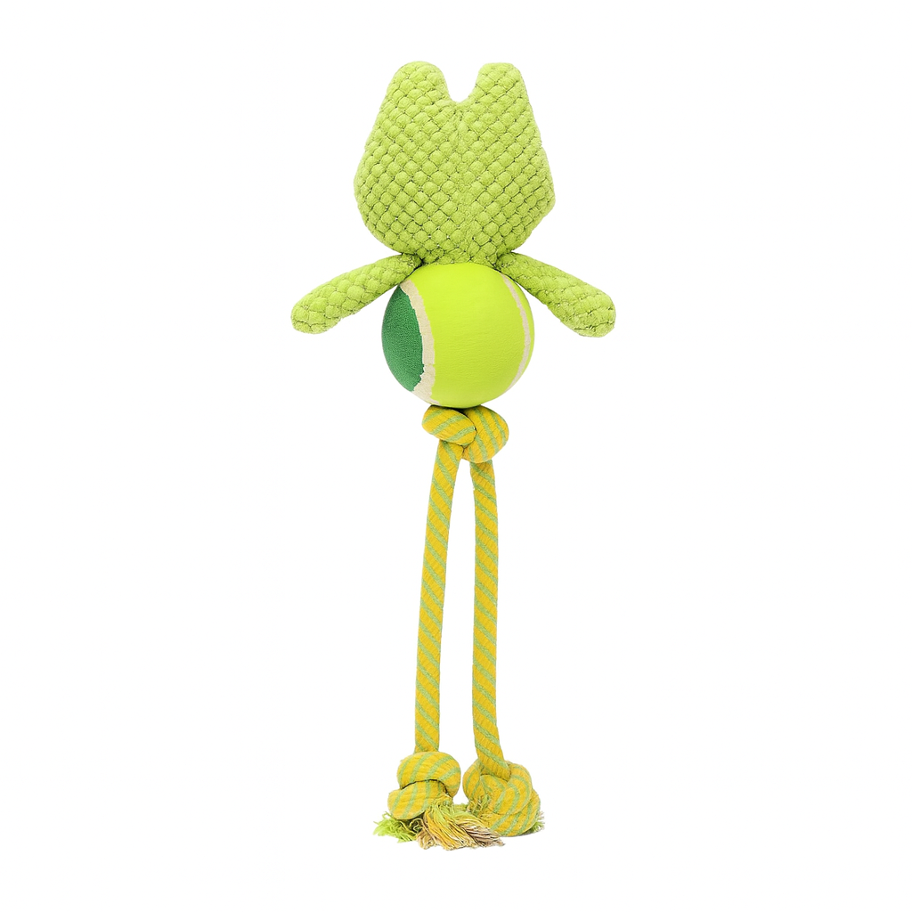 pawlipop Green frog interactive, chew dog toy with a tennis ball and rope 