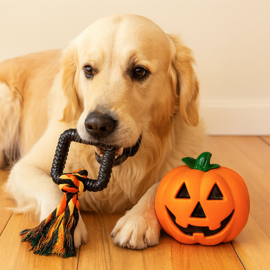 Dog playing, chewing with a Pawlipop pumpkin Halloween-themed dog toy.