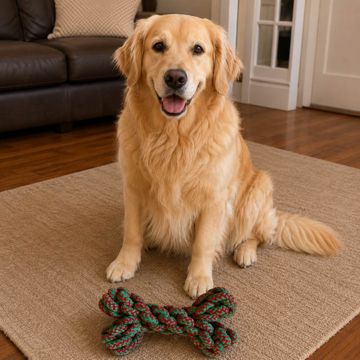 Golden retriever sitting on a rug with a knotted dog toy in a living room.