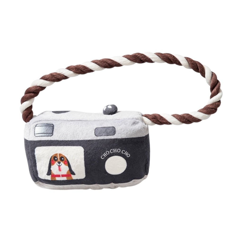 Camera Plush Dog Toy with Rope Handle – Squeaky, Multi-Texture Toy - Pawlipop