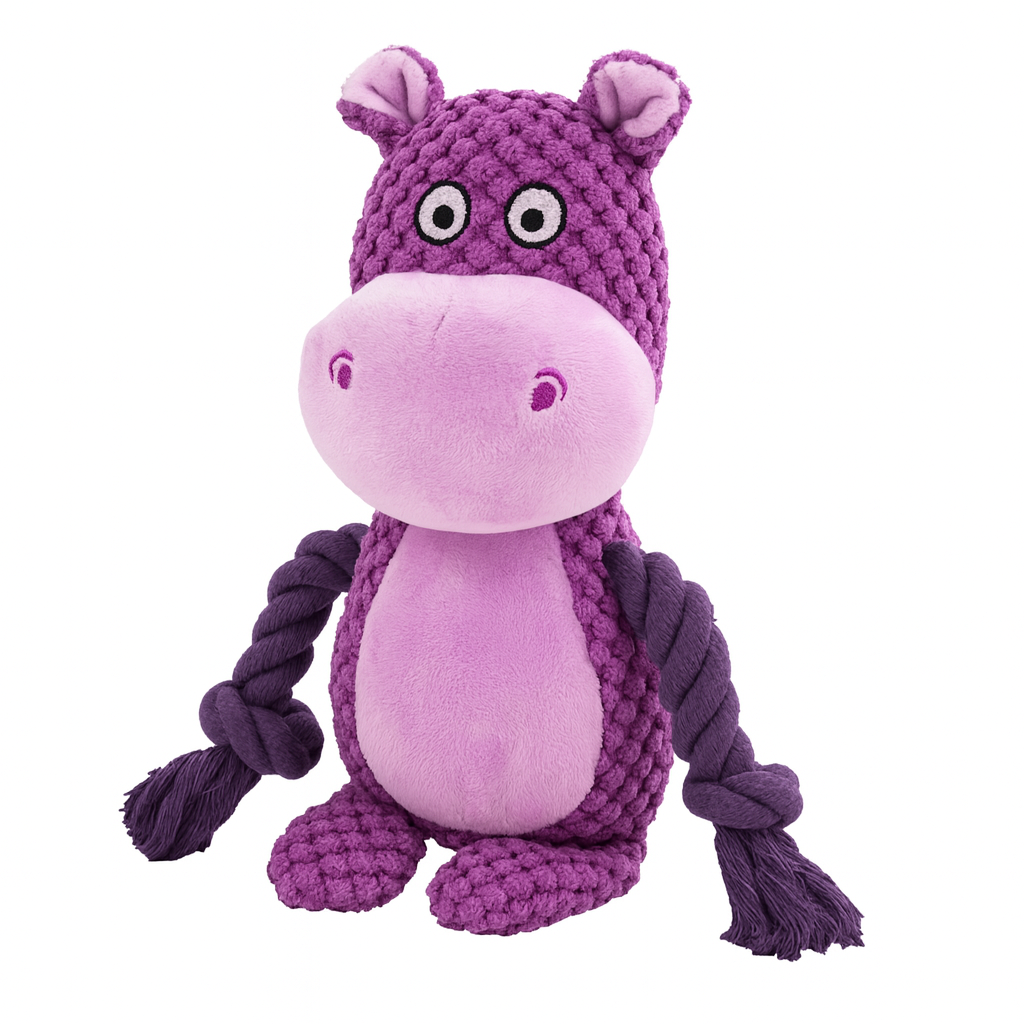 Interactive Purple hippo-shaped Pawlipop dog toy with a rope, plushie, squeaker.