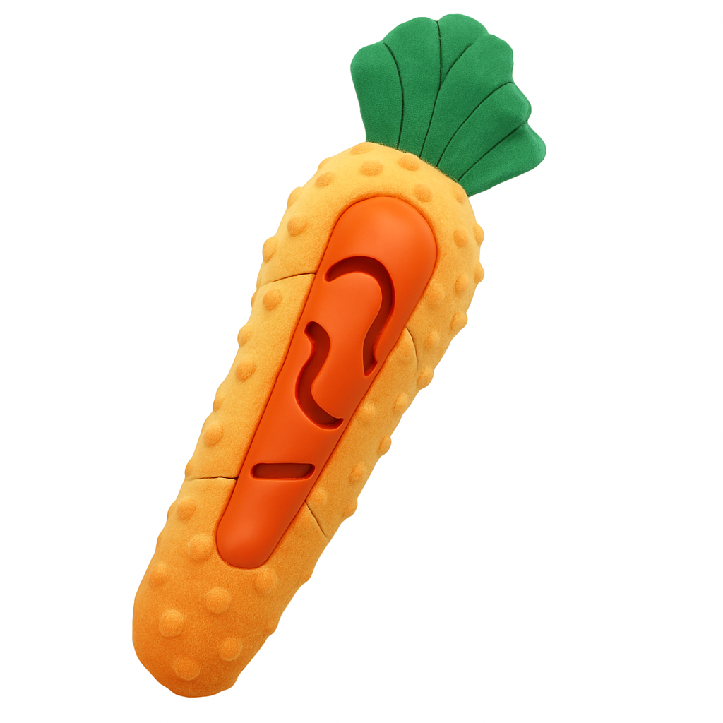 Interactive treat-dispensing, orange carrot-shaped Pawlipop dog toy, plush and chew