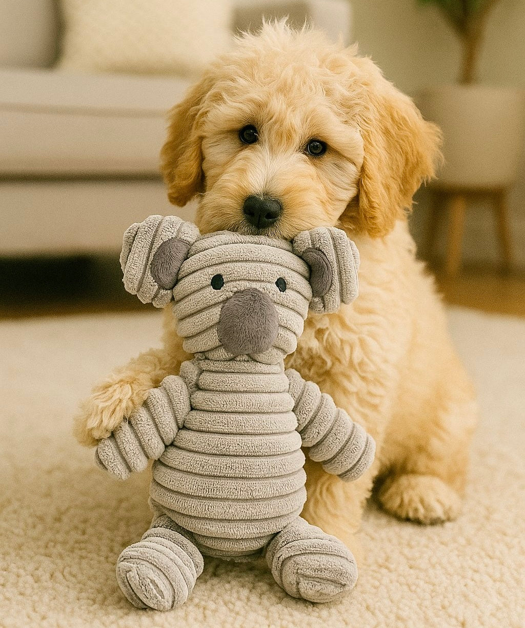 Dog holding a plush koala toy on a carpeted floor