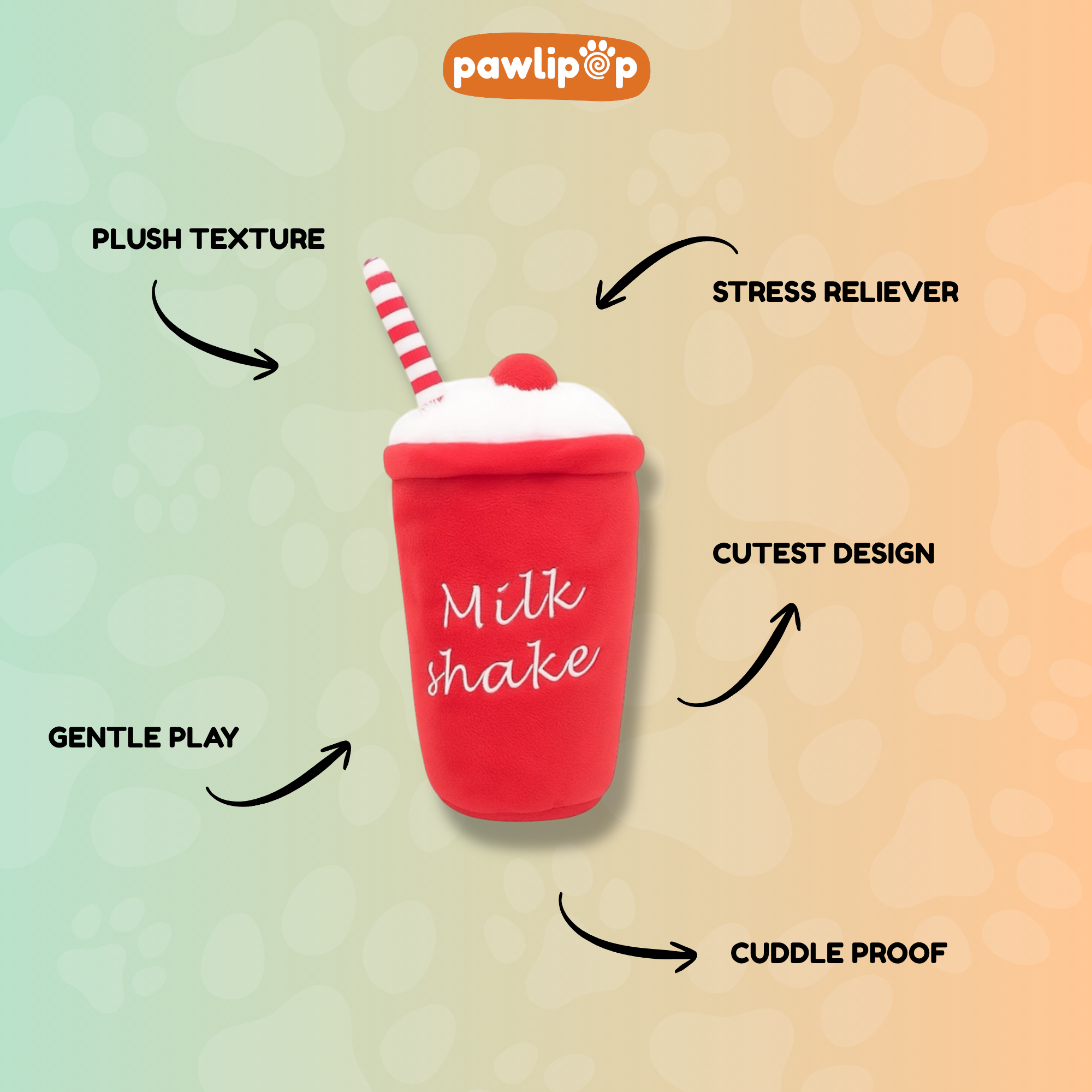 Red milkshake-shaped plush toy features.