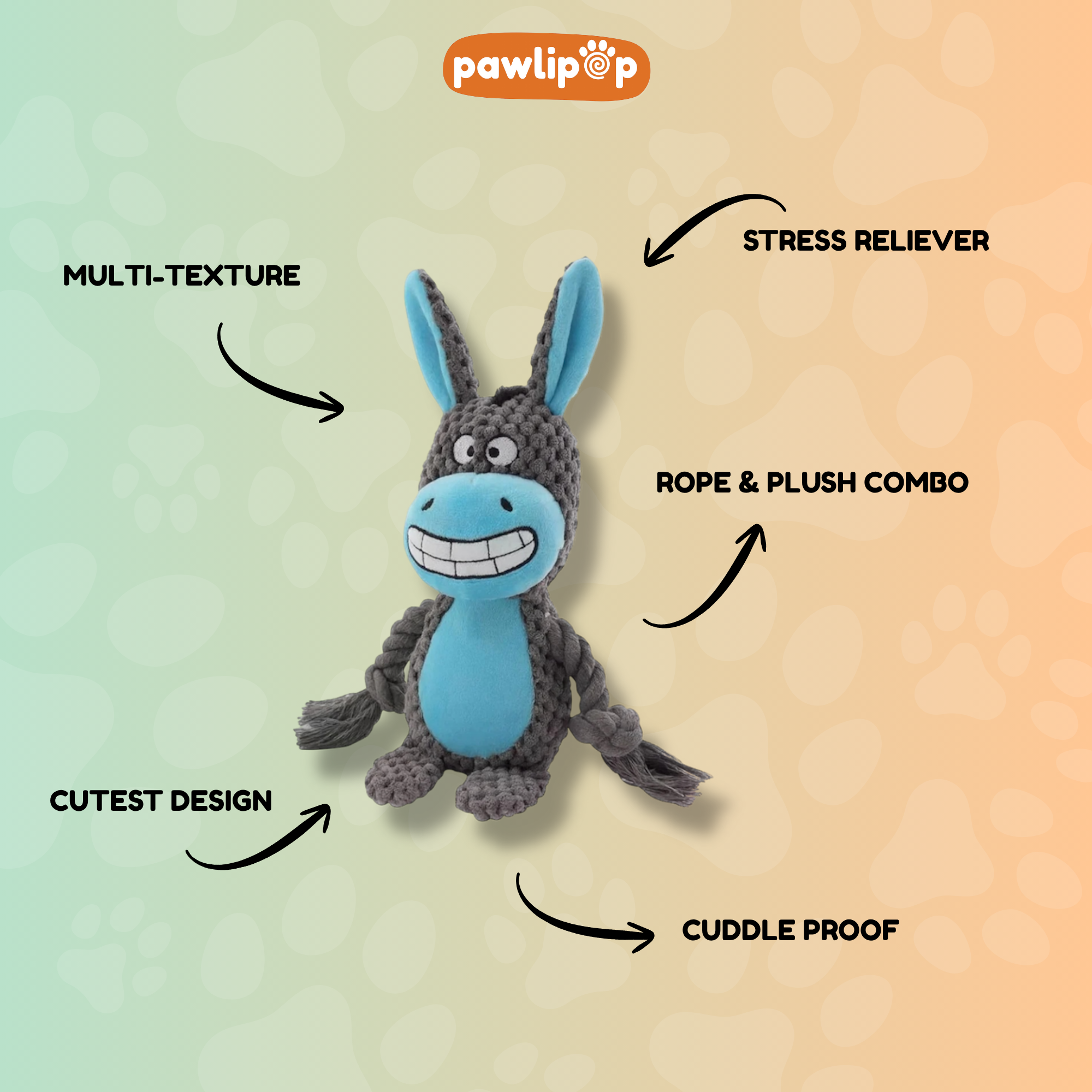 Mojo the Smiling Mule Dog toy features.