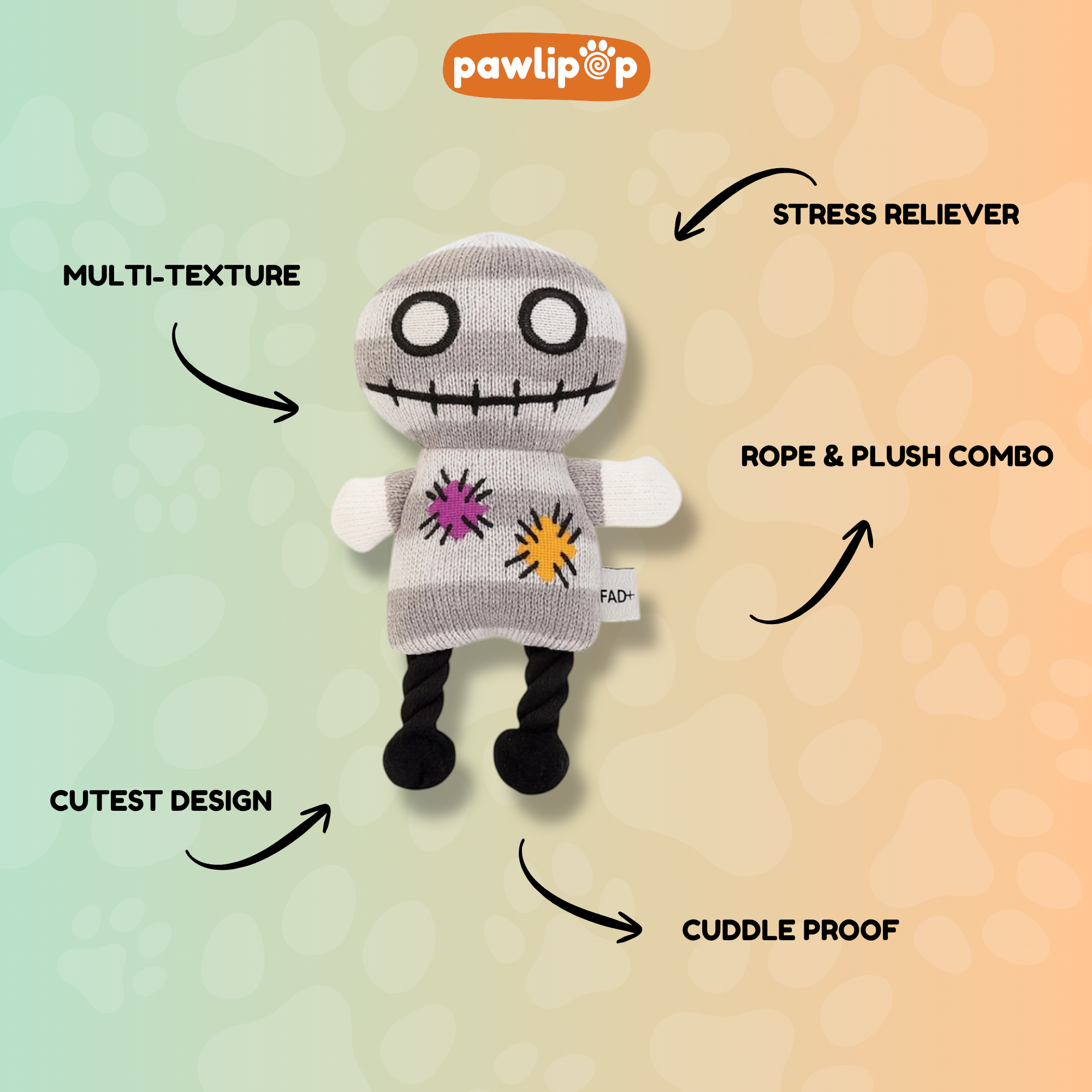 Patchy Snugbot Plushie Dog Toy features