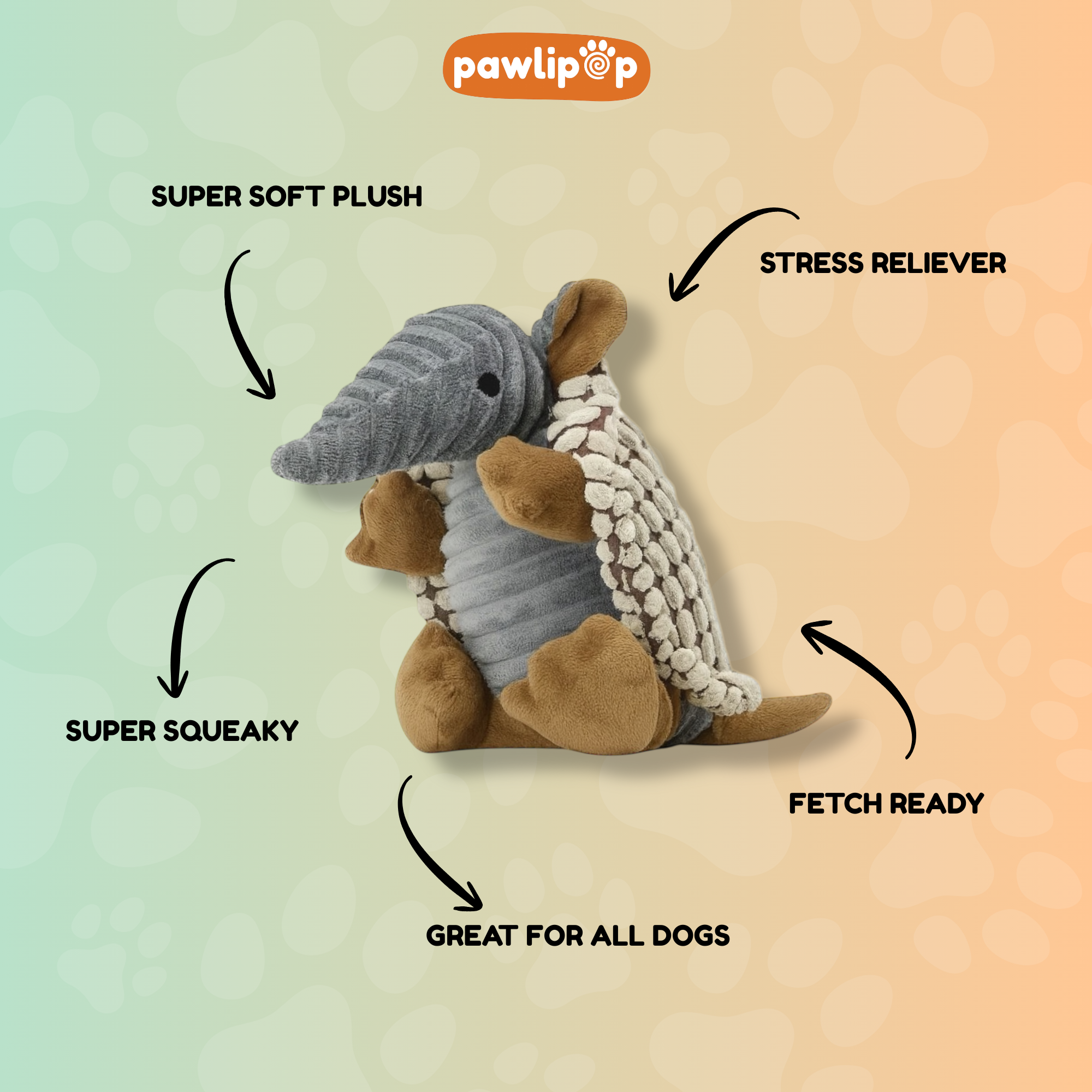Pawlipop Armadillo Plush, Squeaky Dog Toy features