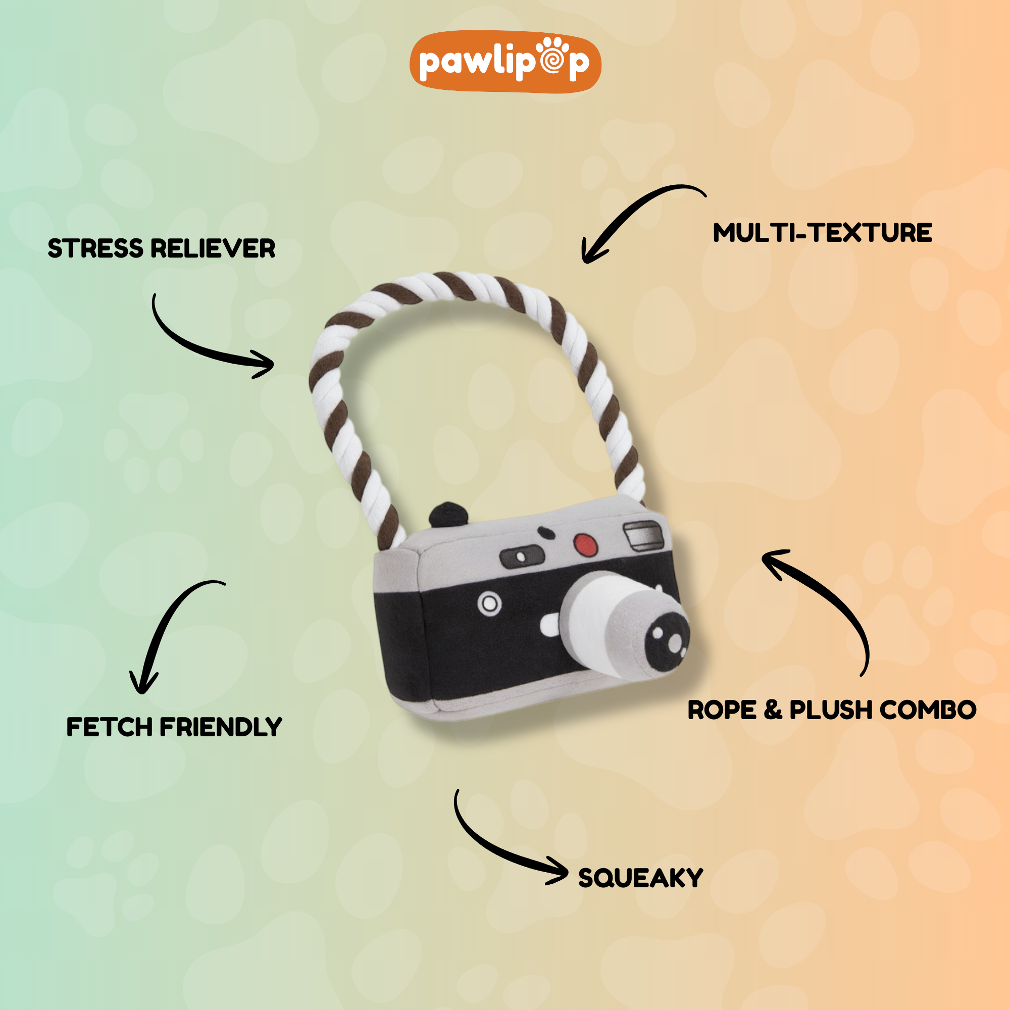 Pawlipop Camera Plush Dog Toy with Rope Handle features