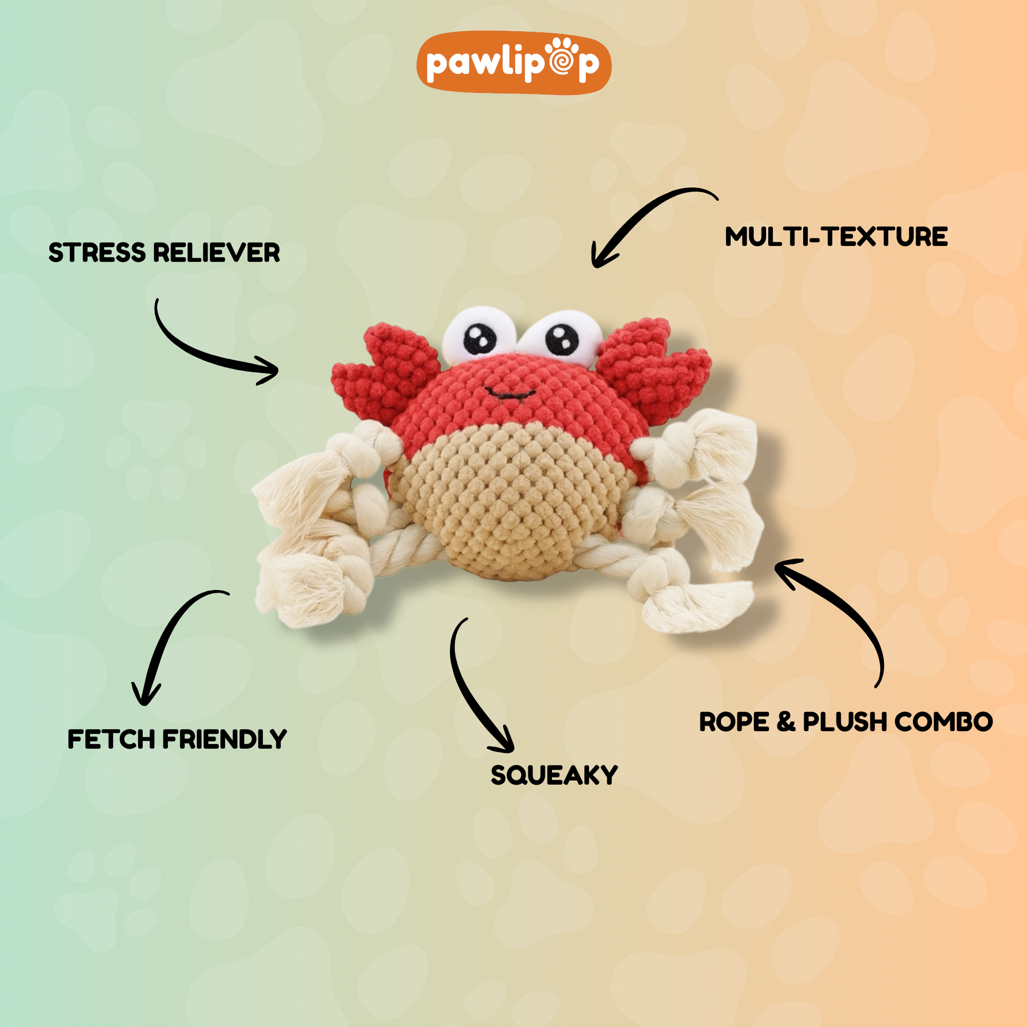 Pawlipop Crab Plush & Rope Dog Toy features