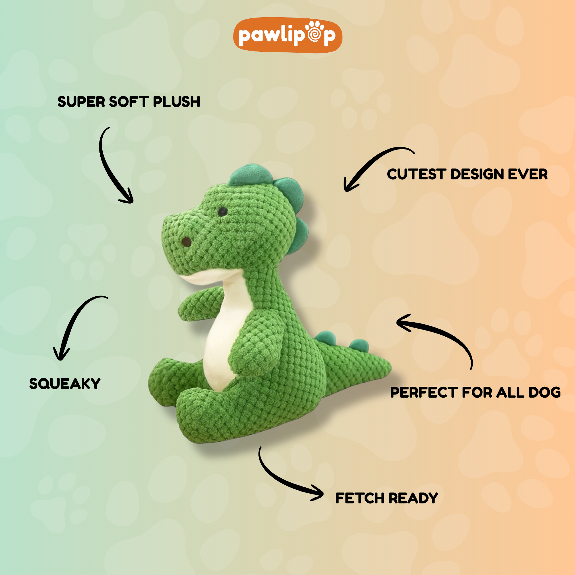 Pawlipop Dinosaur Dog Toy Squeaky & Plush features