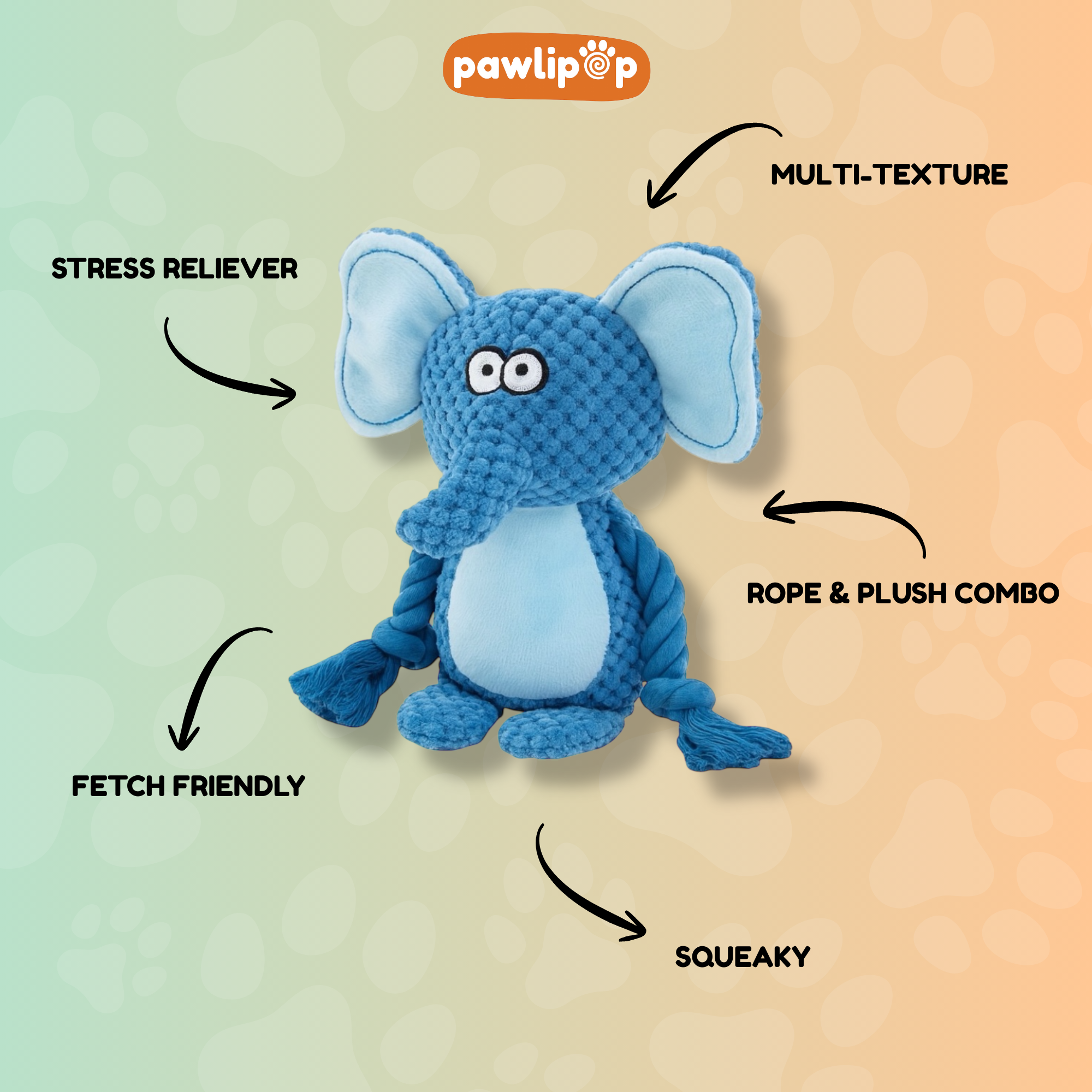 Pawlipop Elephant Plush, Rope, Squeaky Dog Toy features
