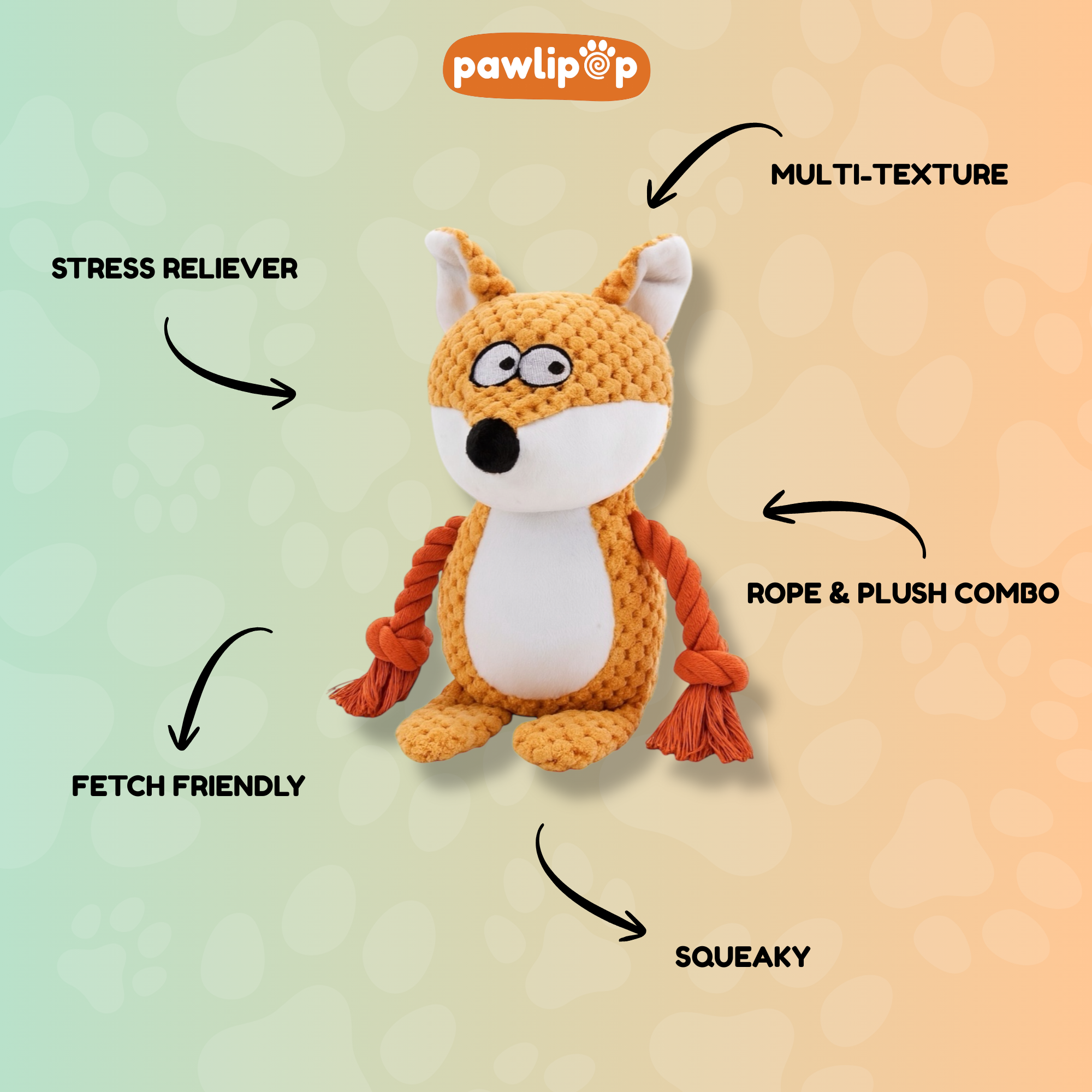 Pawlipop Fox Plush, Squeaky & Rope Dog Toy features