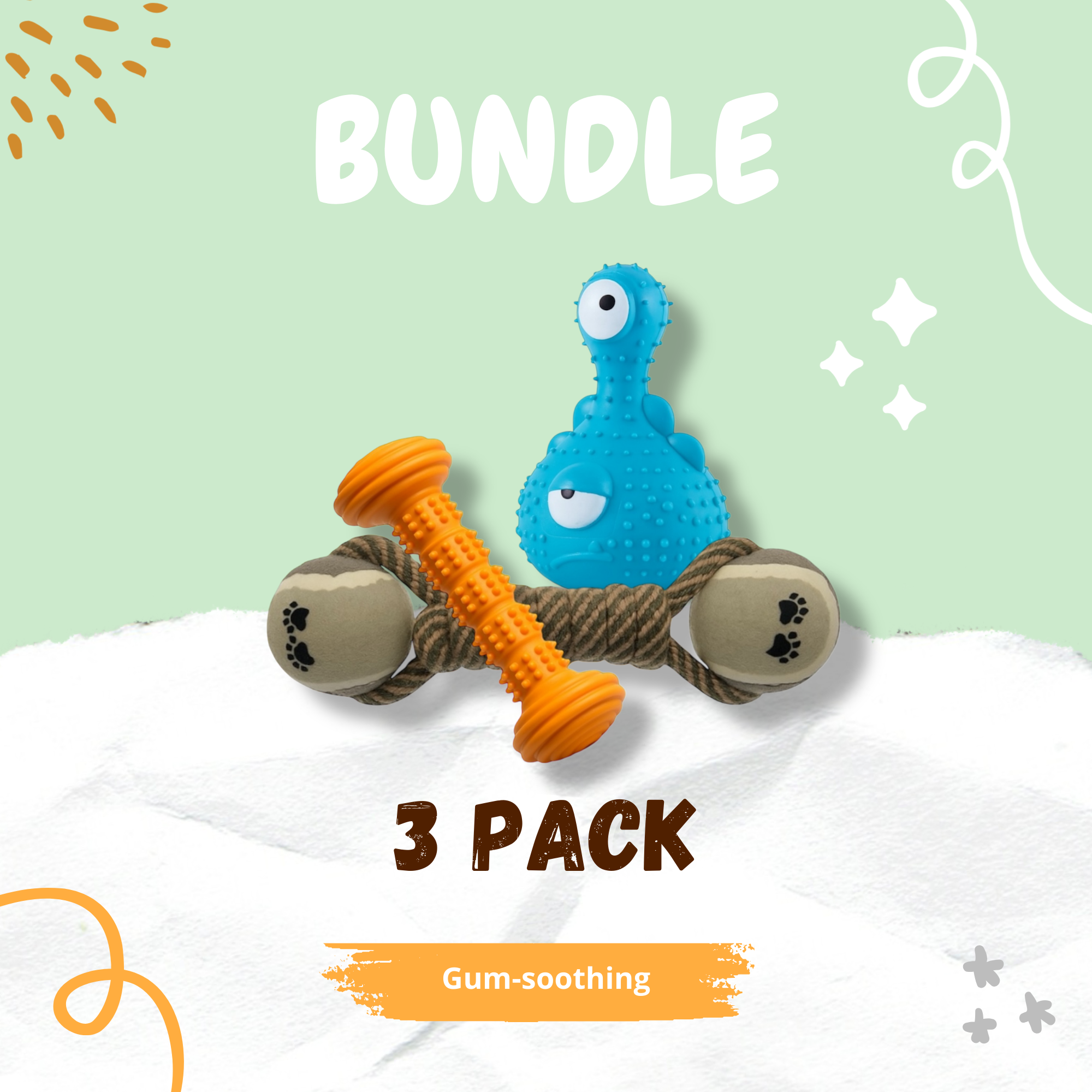 Pawlipop Gum-soothing bundle dog toys including a blue monster-shaped toy, an orange chew toy, and a tennis ball and rope toy.