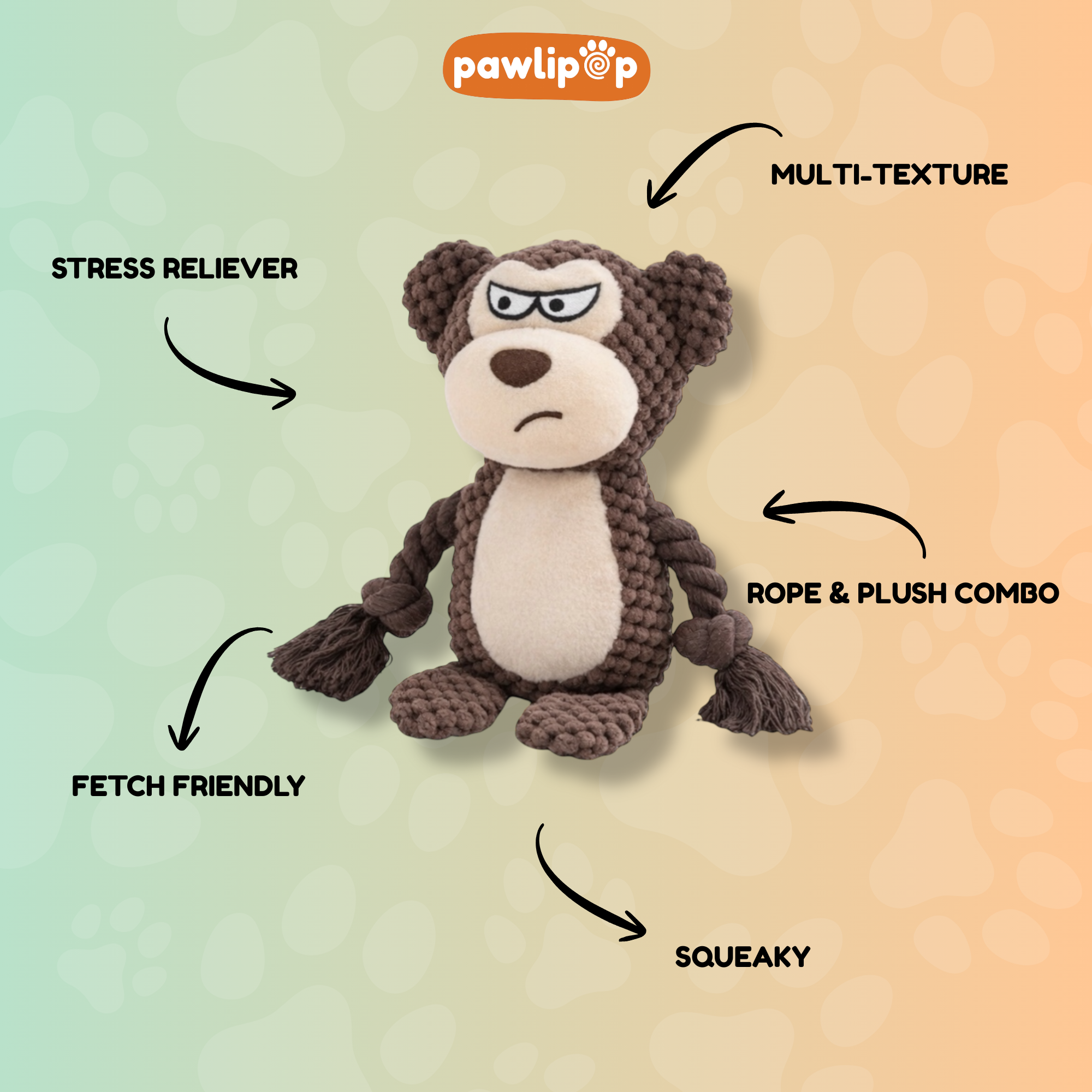 Pawlipop Monkey Plush, Rope, Squeaky Dog Toy features