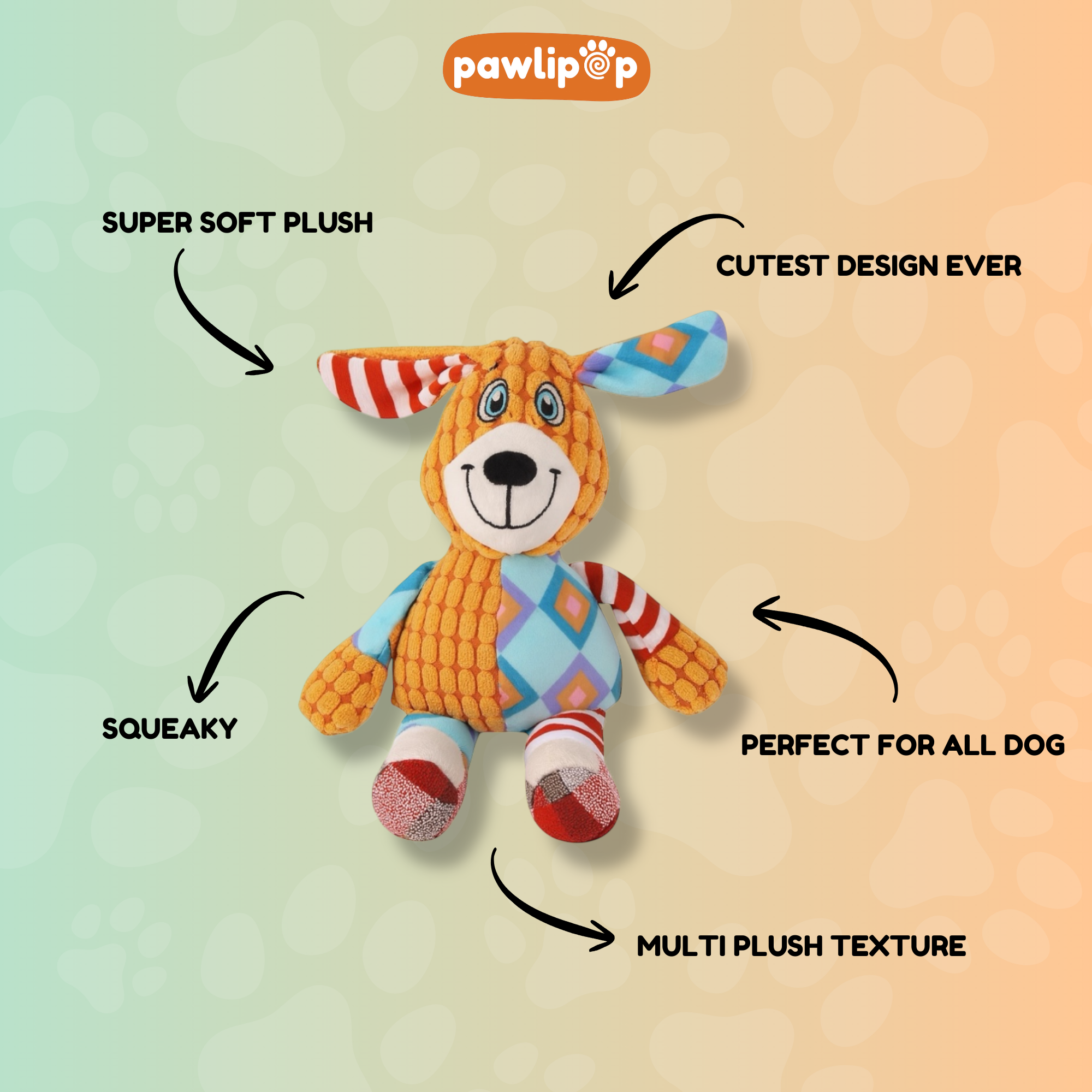 Pawlipop Multi-Texture Plush, Squeaky Dog Toy features