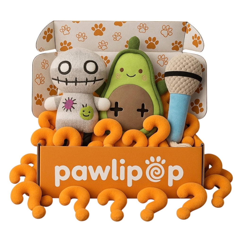 Pawlipop dog toys box Mystery themed with a lot of surprise toys . Interactive, rope, plush, squeaky, and chew toys