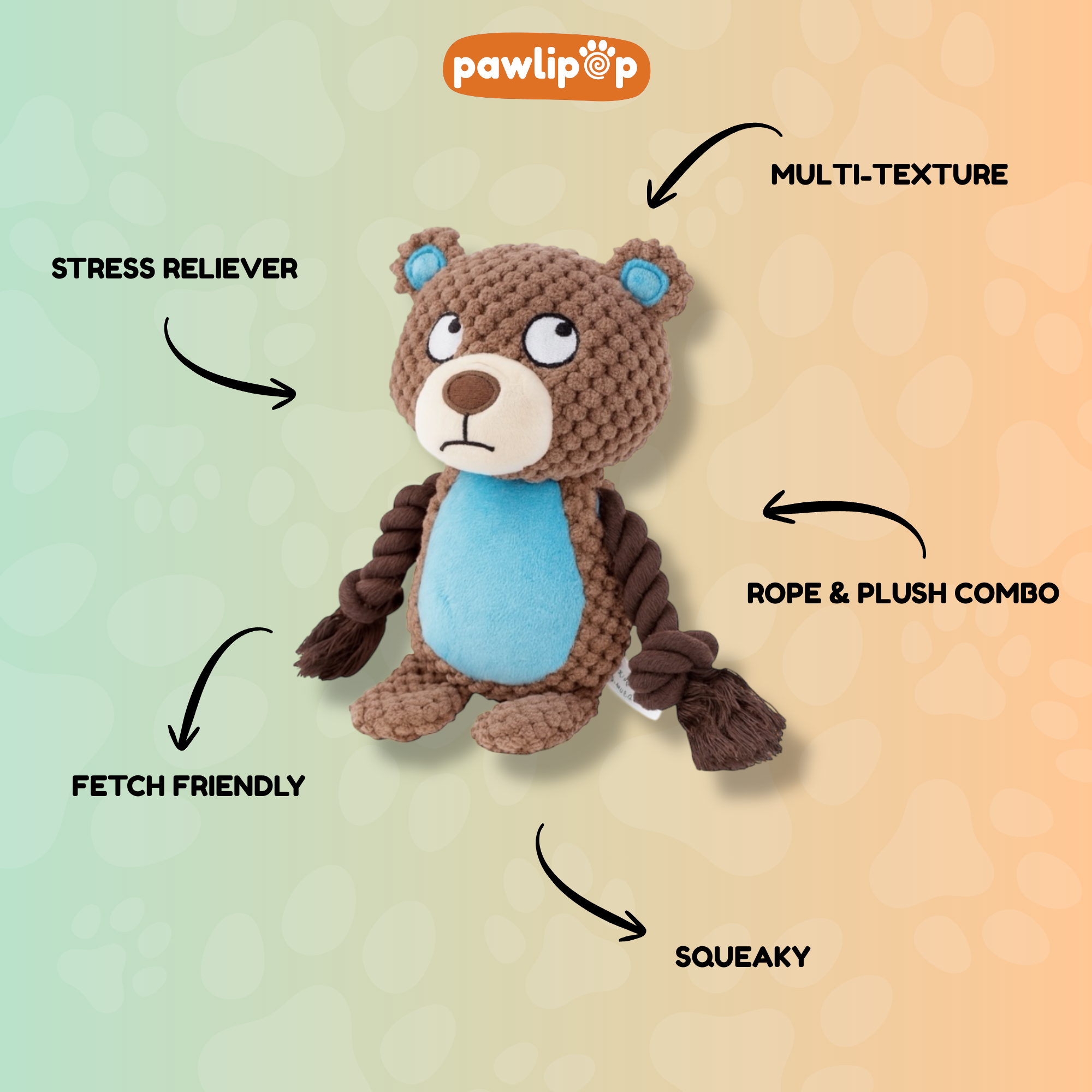 Pawlipop Plush Bear Dog Toy with Rope features